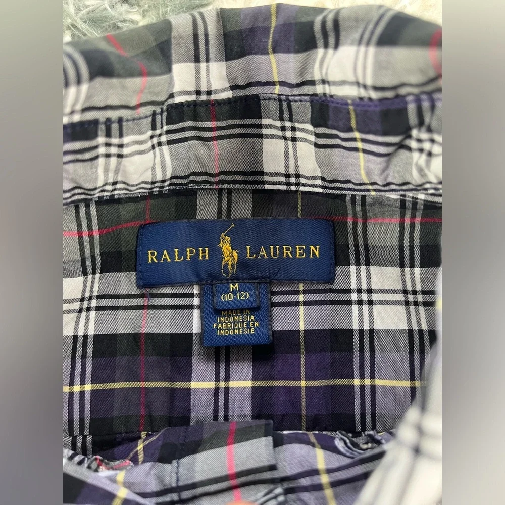 Ralph Lauren Kids Boys Purple Black Plaid Long Sleeve Button Up Shirt Size M